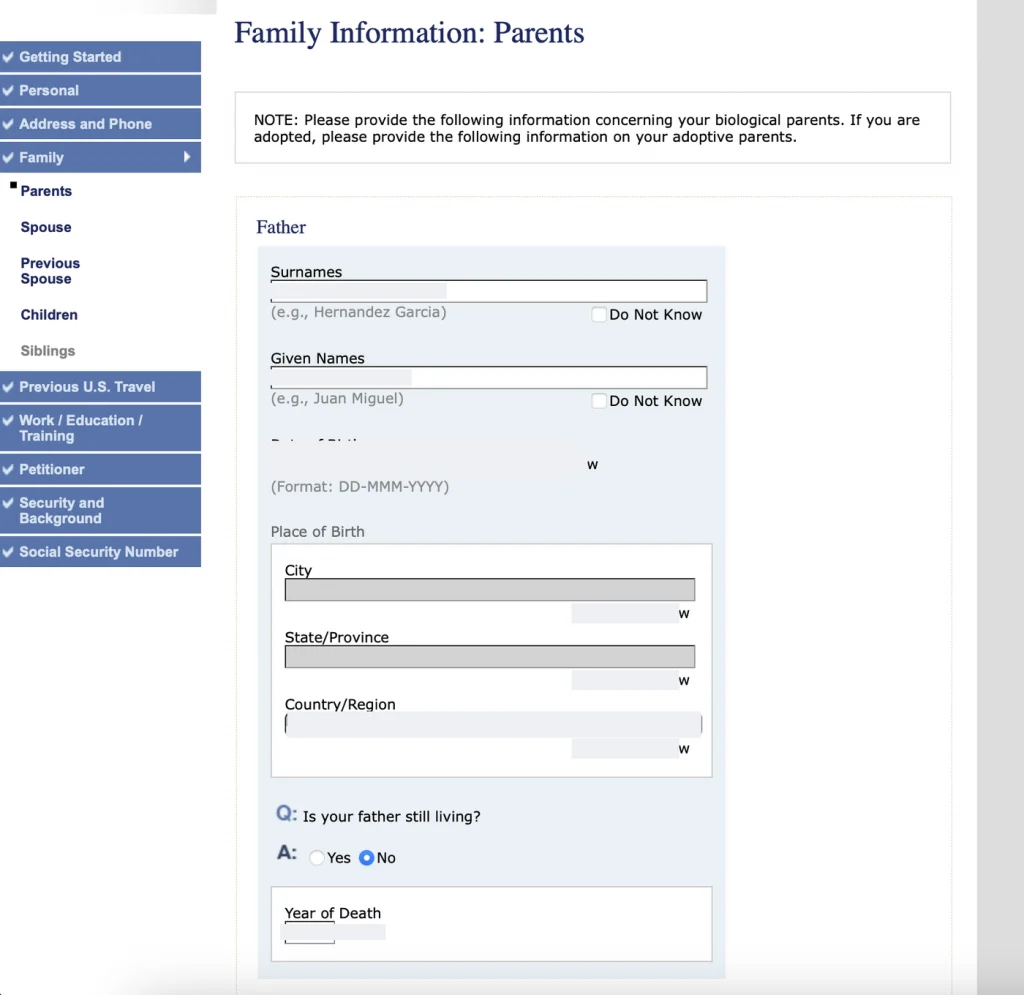 Анкета DS-260, экран Family Information: Parents