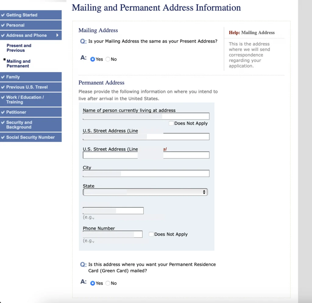 Анкета DS-260, экран Mailing and Permanent Address