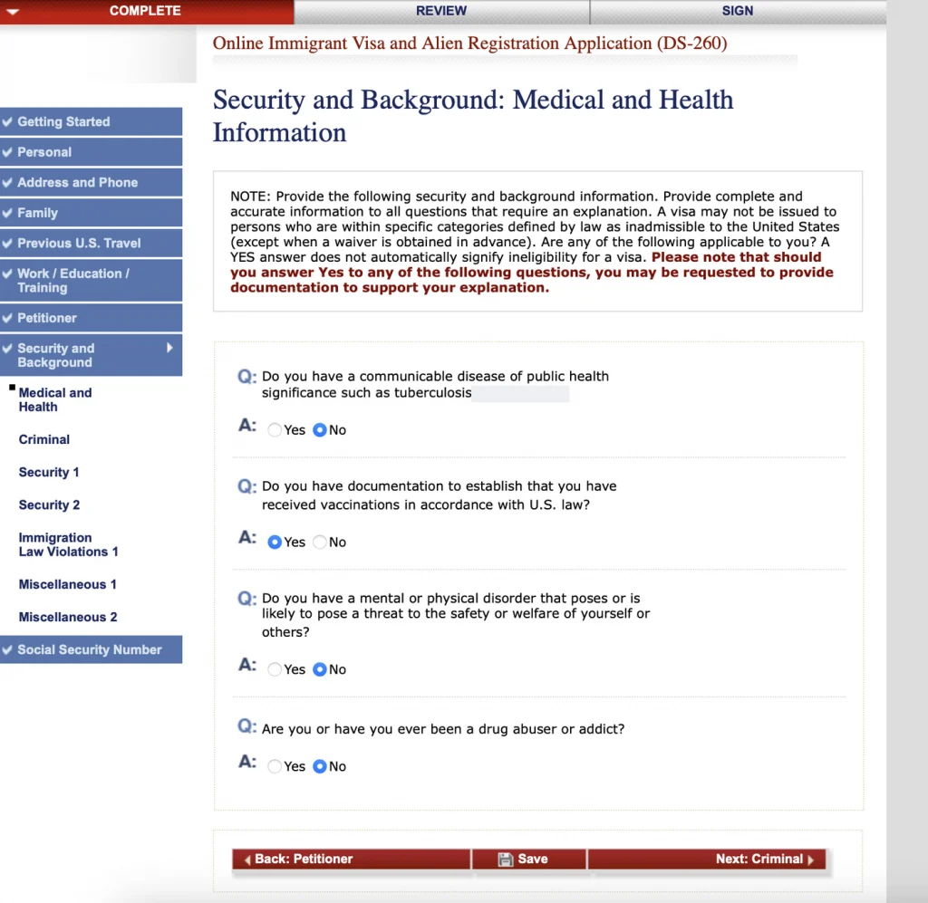 Анкета DS-260, экран Medical and Health