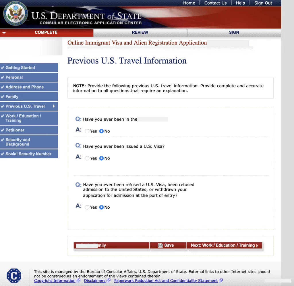 Анкета DS-260, экран Previous U.S. Travel