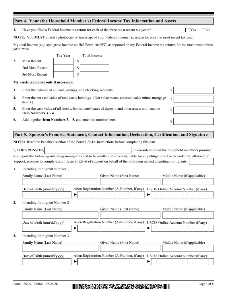 Форма I-864A, страница 3 из 8 - Part 4 и Part 5