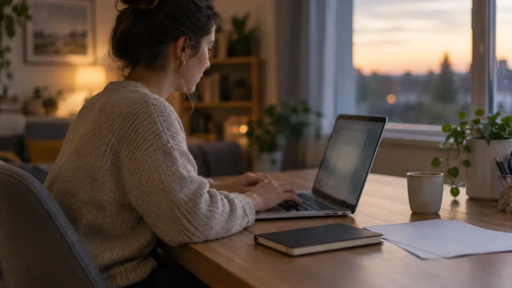 Woman filling out an Express Entry profile on a laptop at home