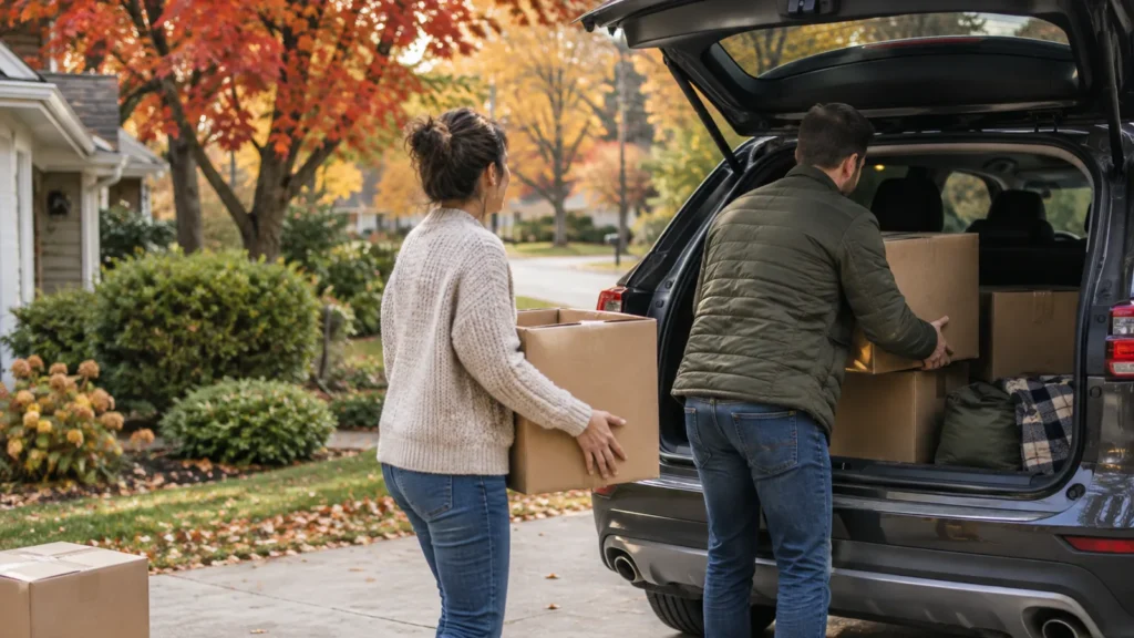Couple loading moving boxes into a car before moving to Canada from the US