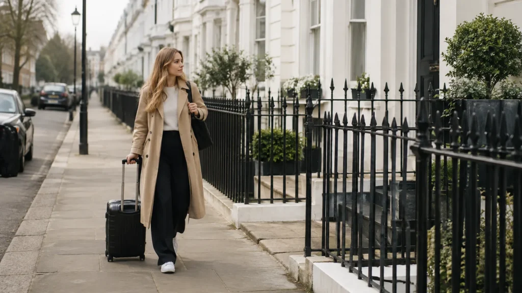 American woman with a suitcase on a London street after moving to the UK