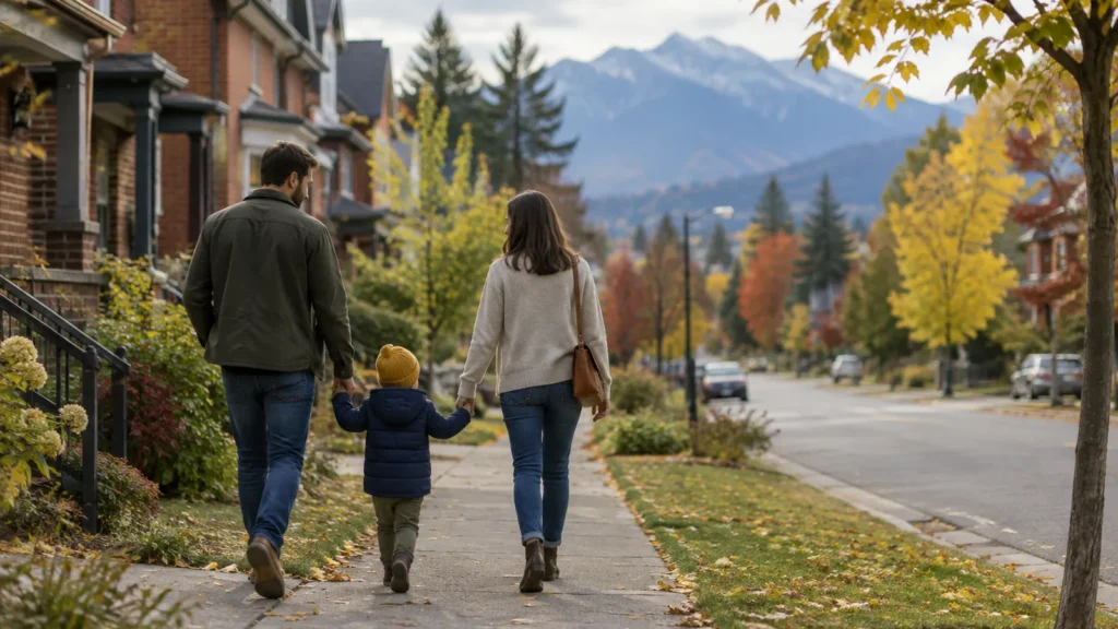 Family walking down a residential street in a Canadian city after the move