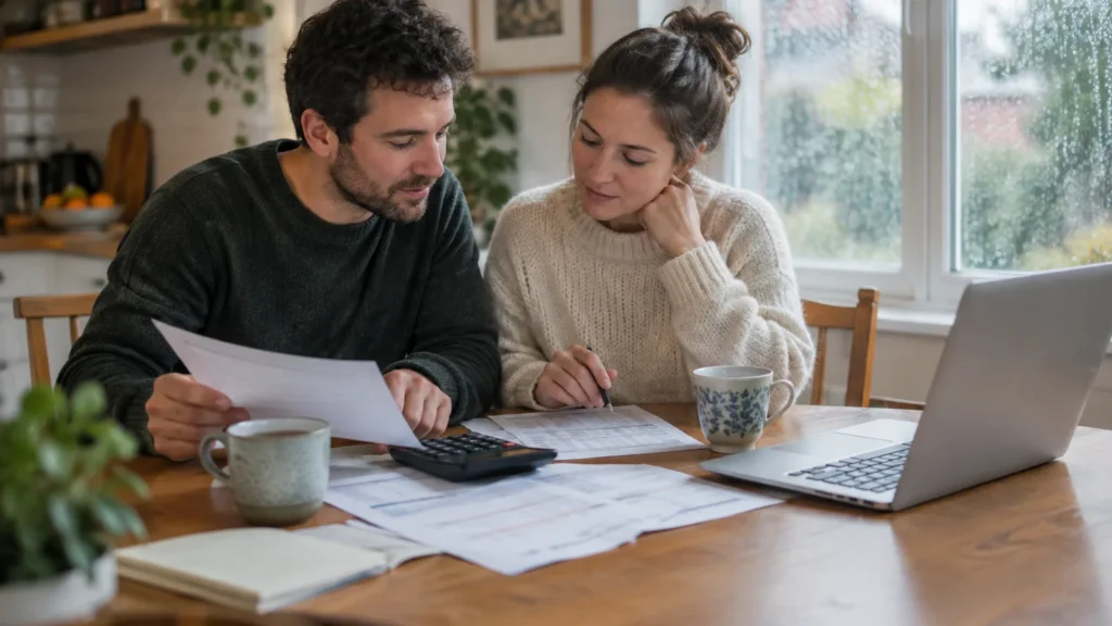 Couple planning the cost of moving to the UK at a kitchen table